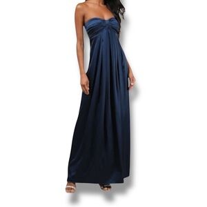 Lulu's Midnight Blue Satin Gathered Bust A-Line Strapless Maxi Gown Size Medium